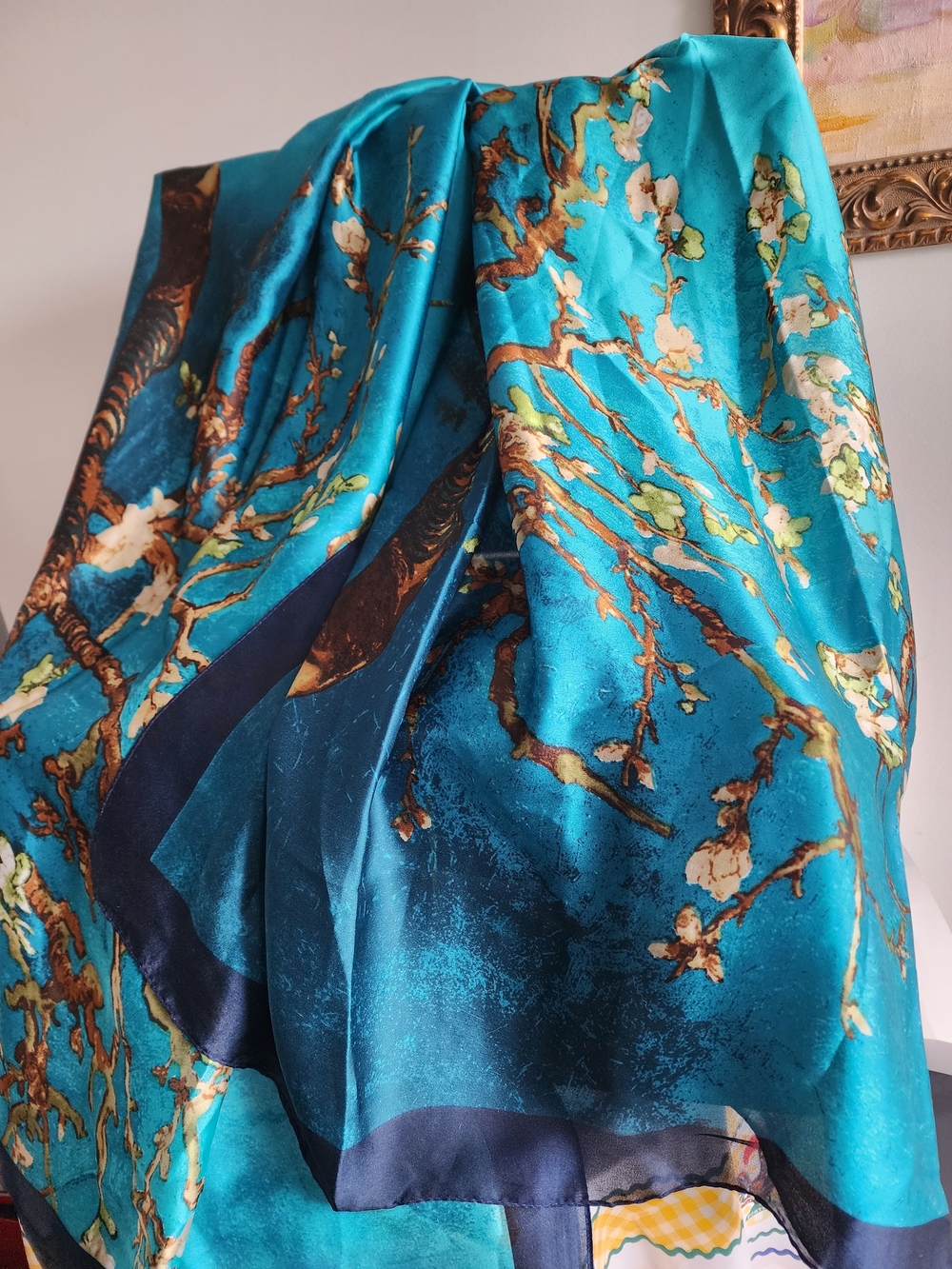 Silk Turquoise Floral Blossom Branch Large 100% Silk Scarf, 70" x 33"
